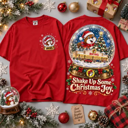 Buc-ee's Shake Up Christmas Joy Snow Globe Scene All Over Print T-Shirt For Festive Holiday Road Trips NDN Red