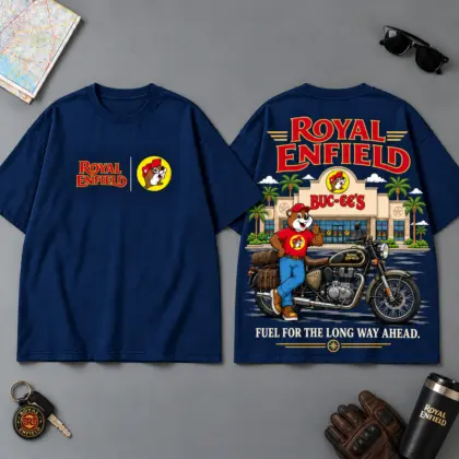 Buc-ee's Royal Enfield Fuel For The Long Way Ahead 3D T-Shirt For Motorcycle Adventure Riders NDN Navy