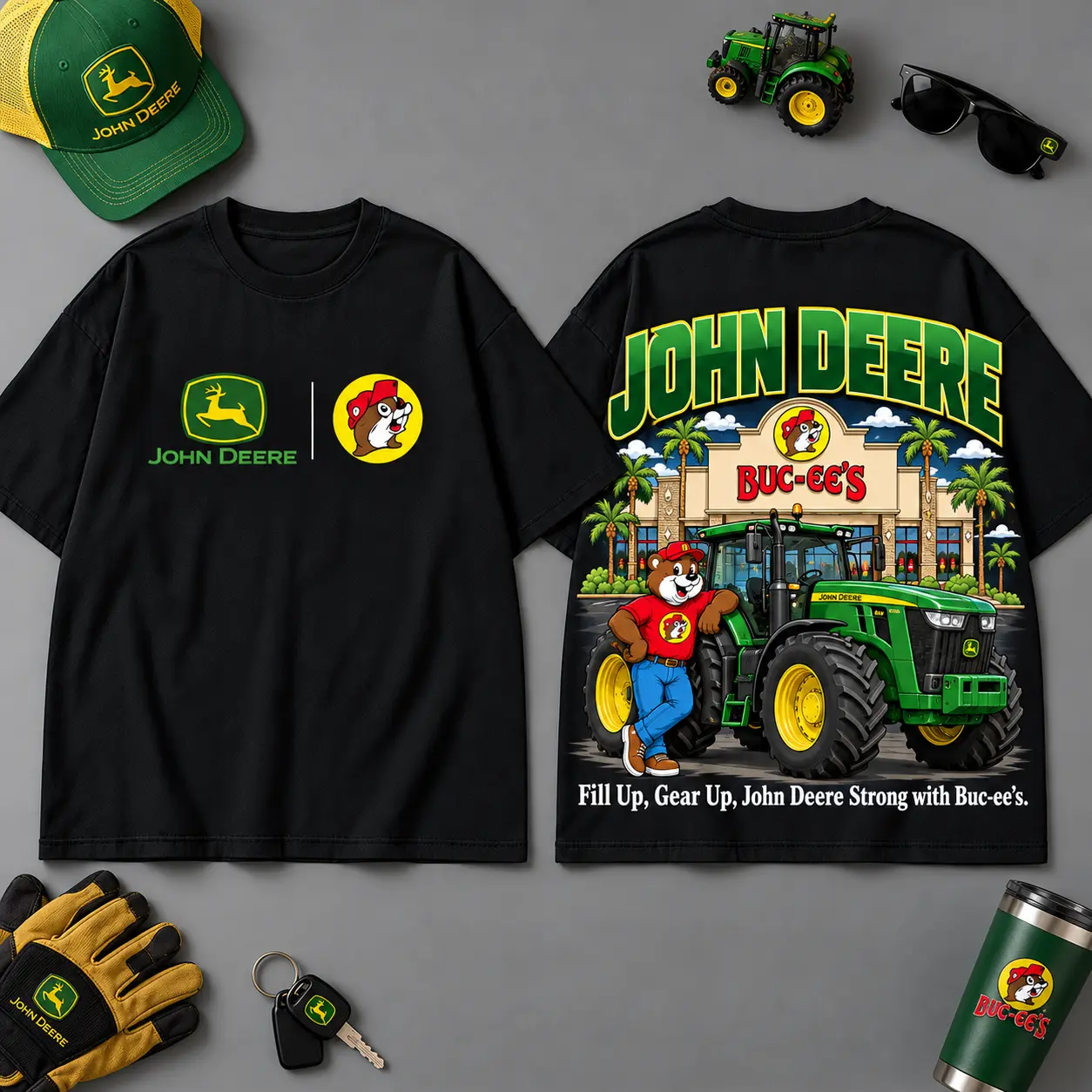 Buc-ee's JOHN DEERE Construction Collage 3D T-Shirt For Heavy Equipment Road Trip Collectors NDN Black