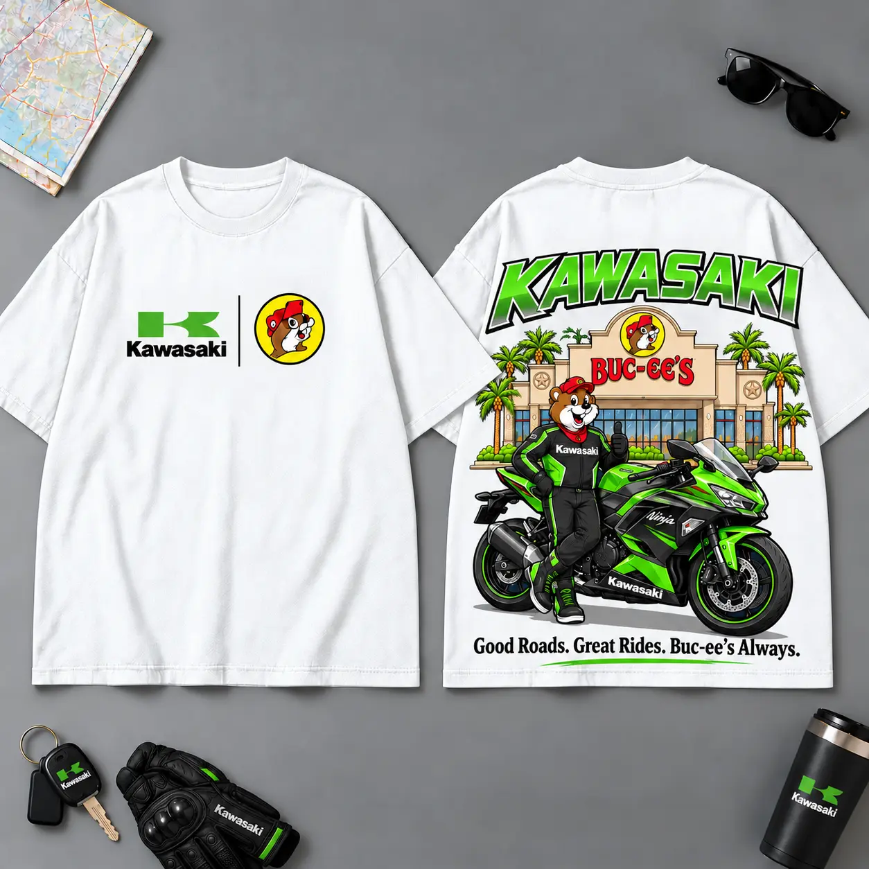 Buc-ee's Kawasaki Good Roads Great Rides Buc-ee's Always 3D T-Shirt For Motorcycle Adventure Riders NDN White