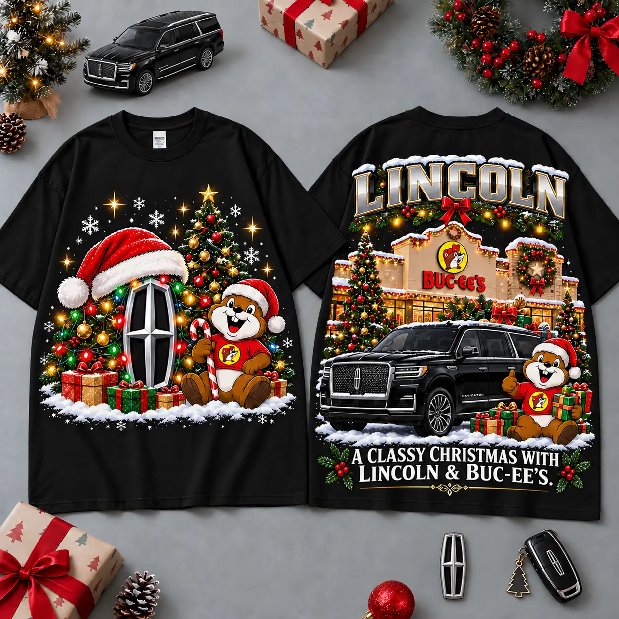 Buc-ee's Lincoln Christmas Cabin Car Print T-Shirt For Festive Winter Road Trips NDN Black