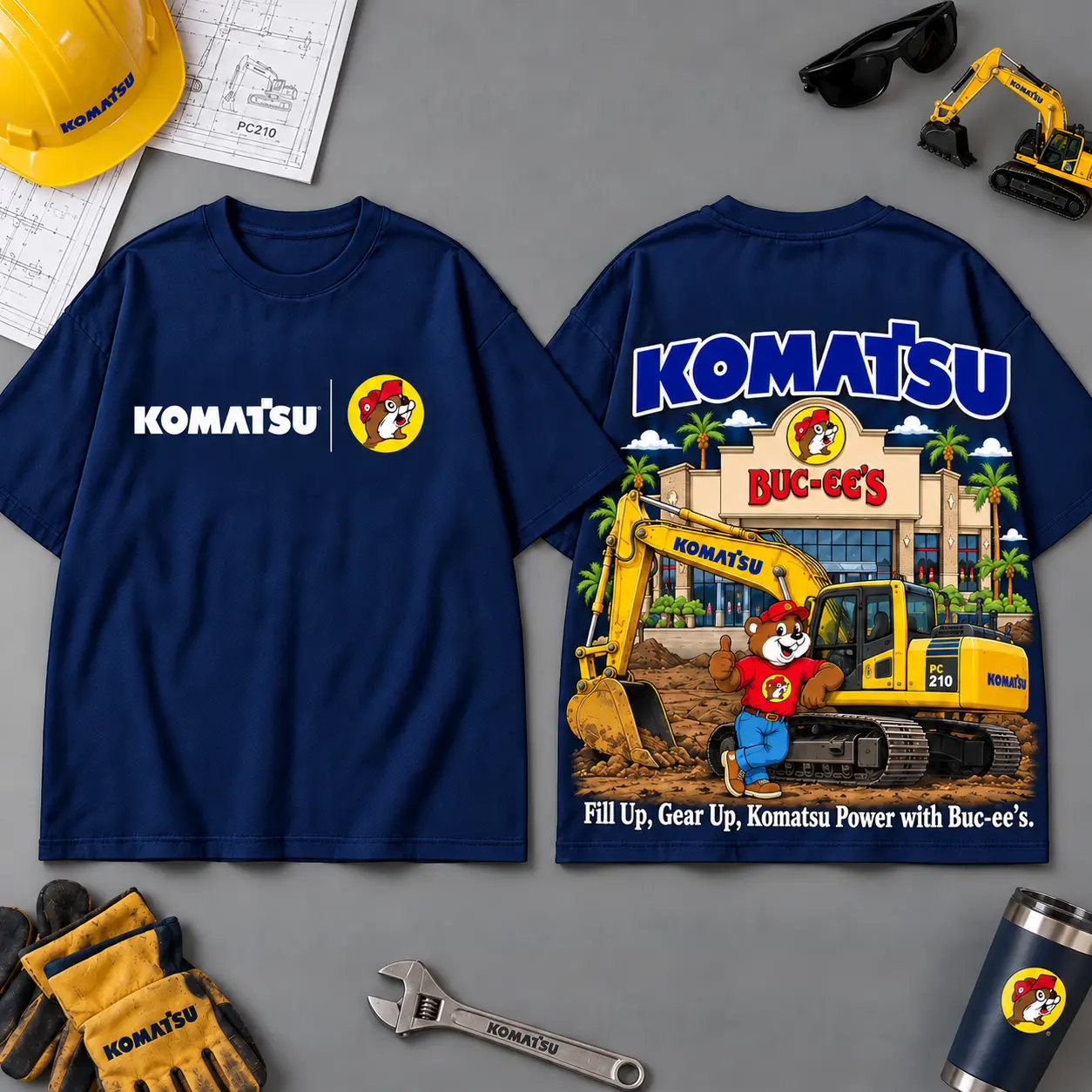 Buc-ee's KOMATSU Construction Collage 3D T-Shirt For Heavy Equipment Road Trip Collectors NDN Navy