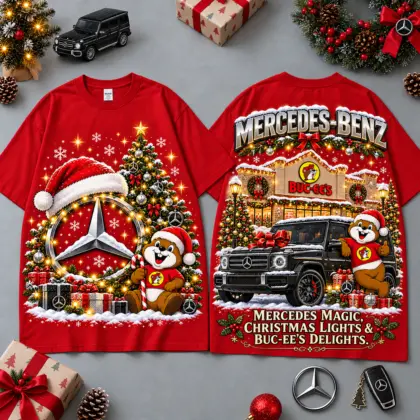 Buc-ee's Mercedes Benz Christmas Cabin Car Print T-Shirt For Festive Winter Road Trips NDN Red