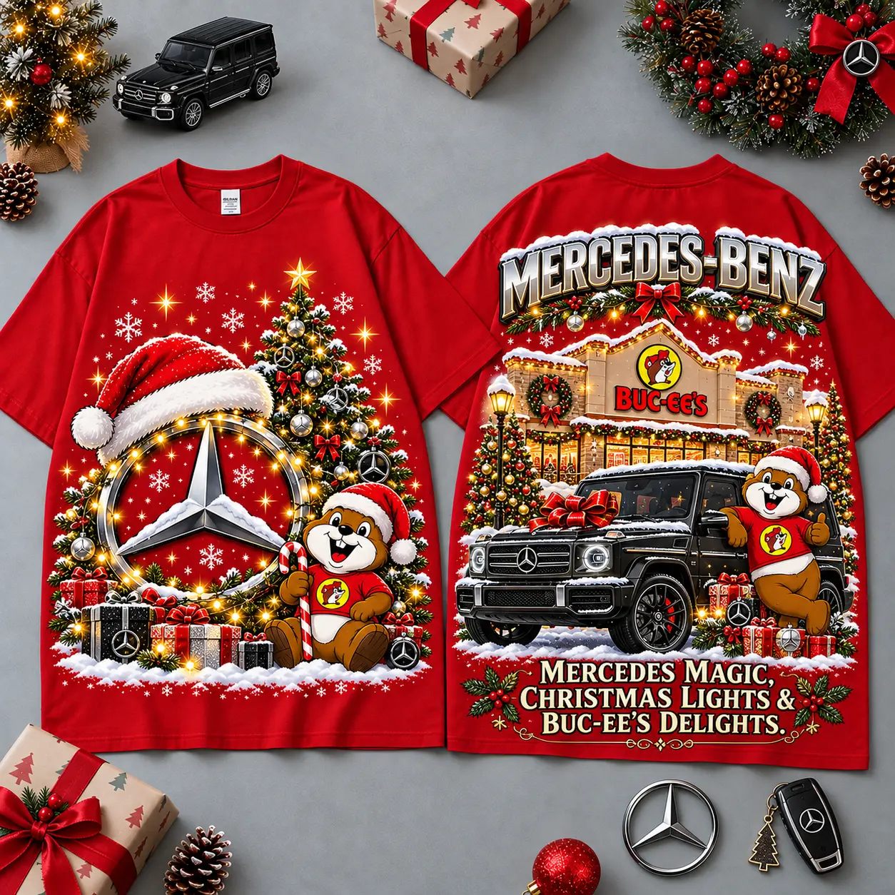 Buc-ee's Mercedes Benz Christmas Cabin Car Print T-Shirt For Festive Winter Road Trips NDN Red