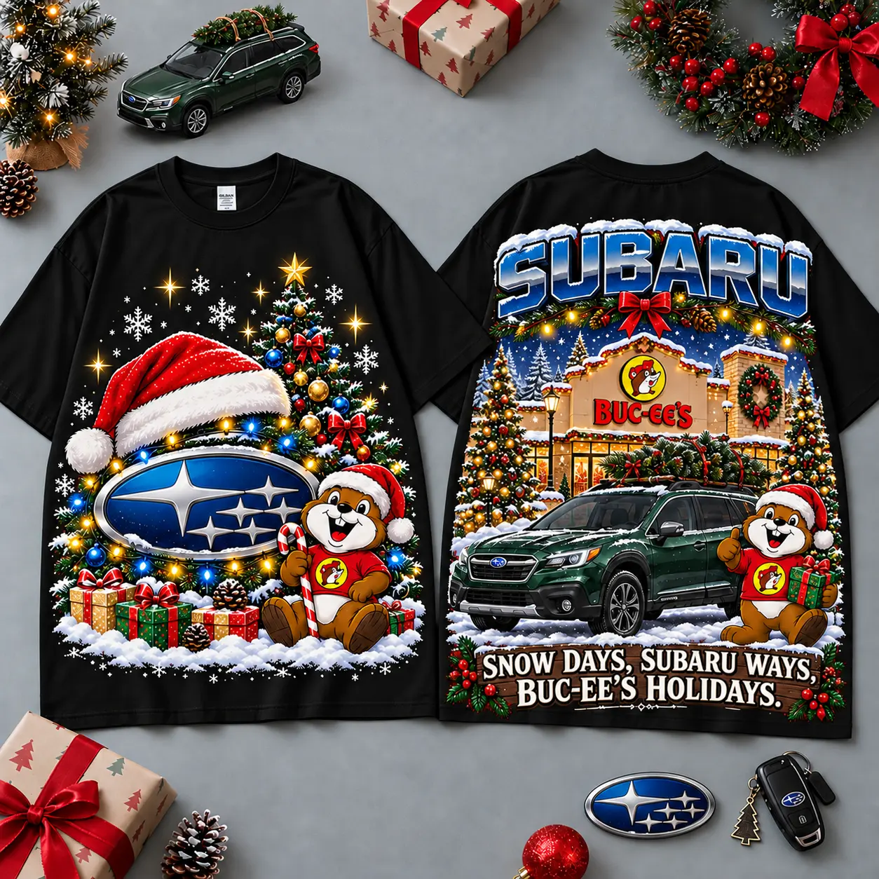 Buc-ee's Subaru Christmas Cabin Car Print T-Shirt For Festive Winter Road Trips NDN Black