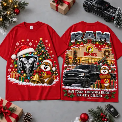 Buc-ee's RAM Christmas Cabin Car Print T-Shirt For Festive Winter Road Trips NDN Red