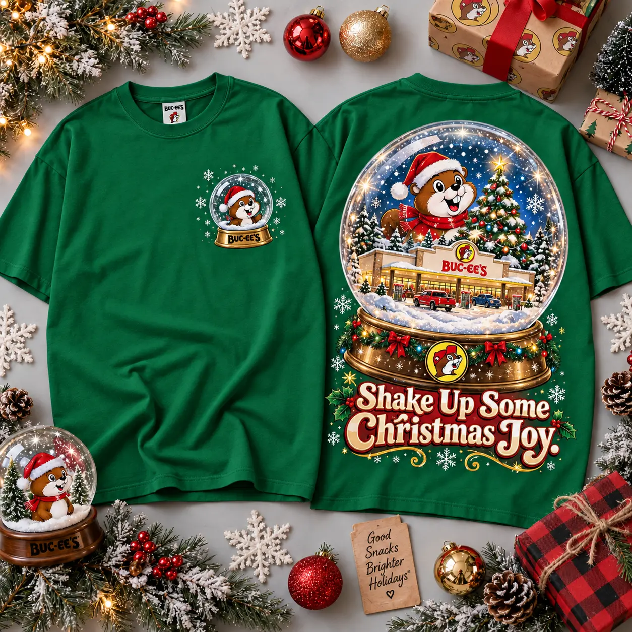 Buc-ee's Shake Up Christmas Joy Snow Globe Scene All Over Print T-Shirt For Festive Holiday Road Trips NDN Green