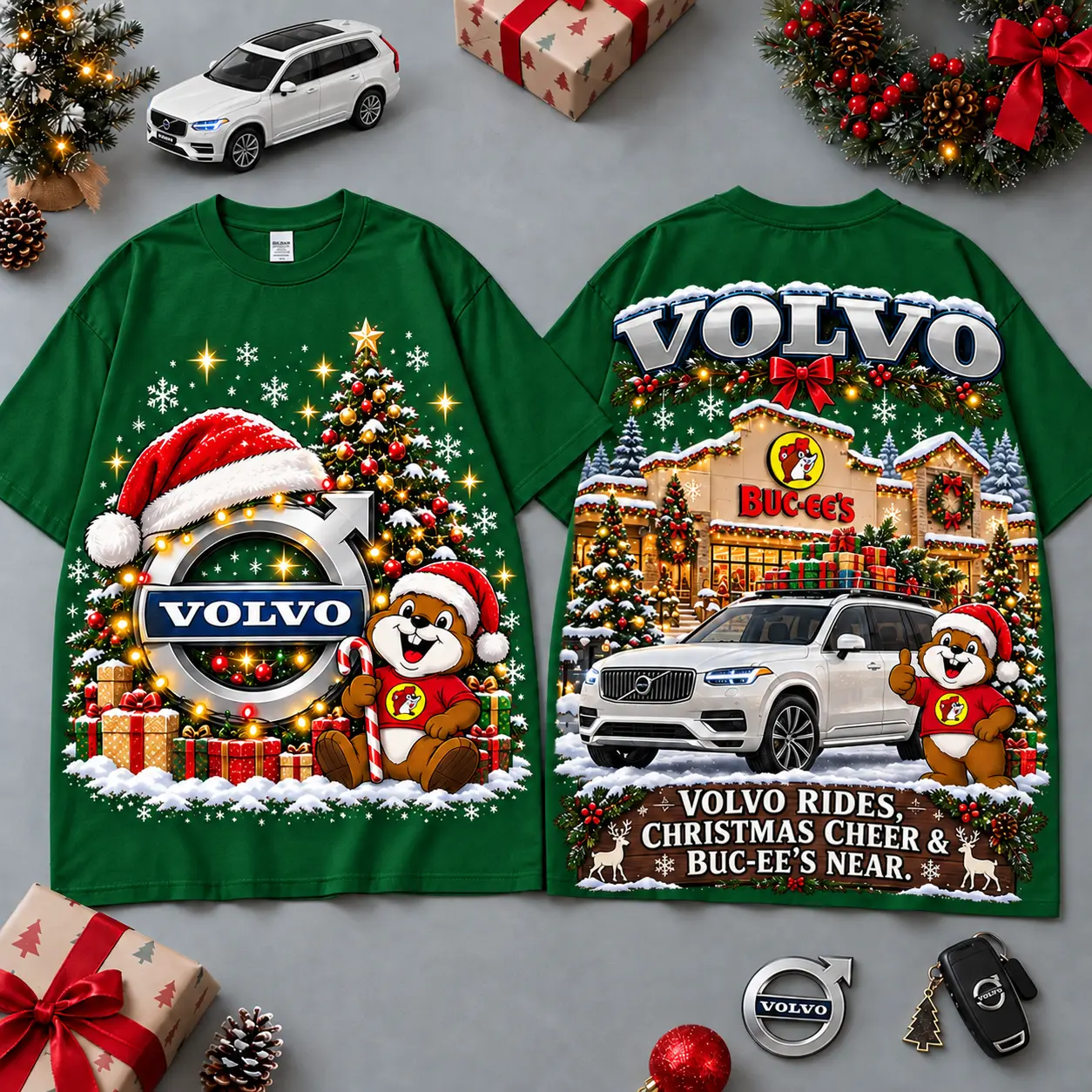 Buc-ee's Volvo Christmas Cabin Car Print T-Shirt For Festive Winter Road Trips NDN Green