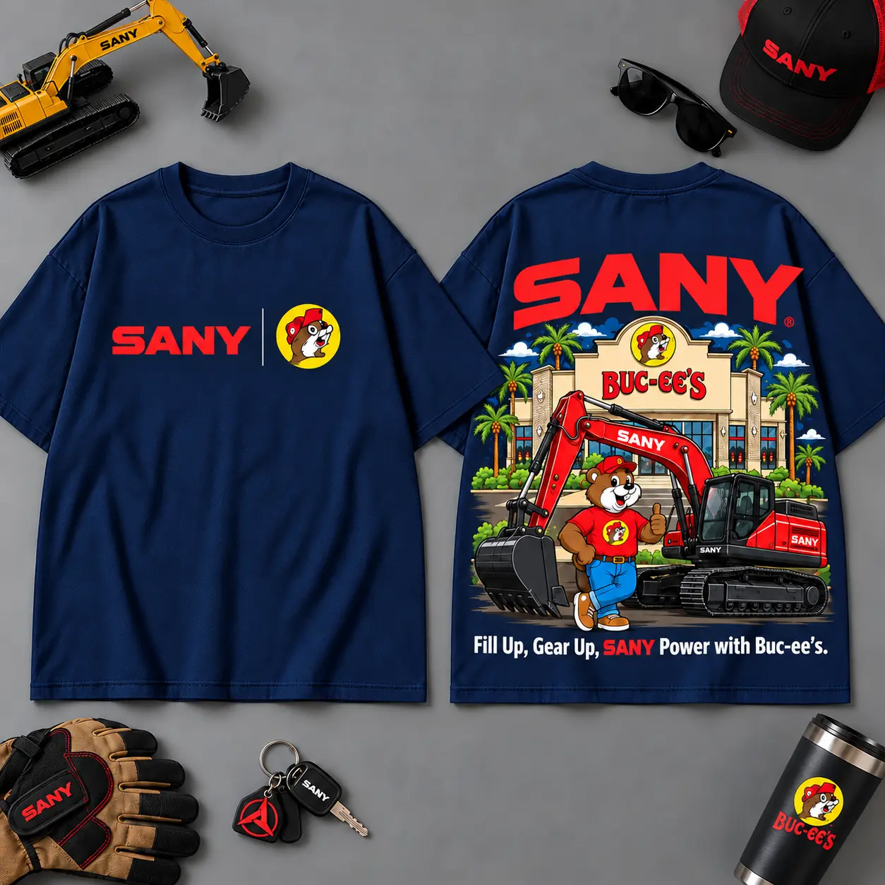 Buc-ee's SANY Construction Collage 3D T-Shirt For Heavy Equipment Road Trip Collectors NDN Navy