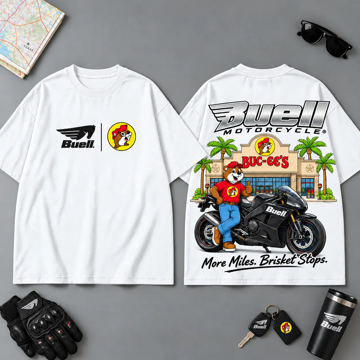 Buc-ee's Buell More Miles Better Stops 3D T-Shirt For Motorcycle Adventure Riders NDN White