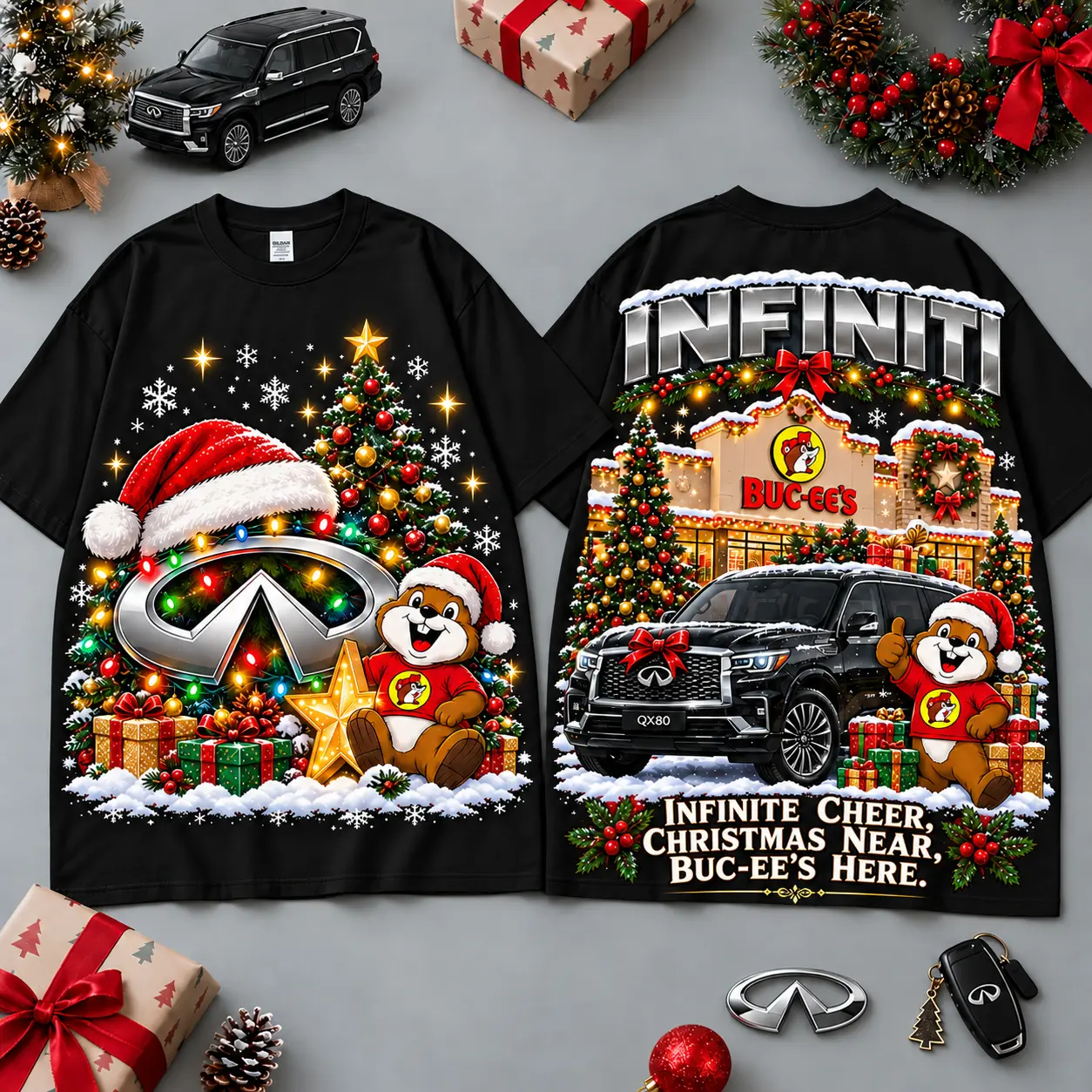 Buc-ee's Infiniti Christmas Cabin Car Print T-Shirt For Festive Winter Road Trips NDN Black