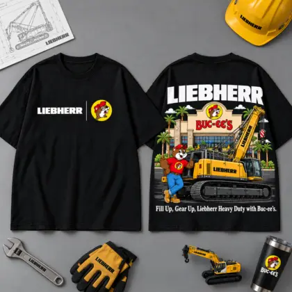 Buc-ee's LIEBHERR Construction Collage 3D T-Shirt For Heavy Equipment Road Trip Collectors NDN Black