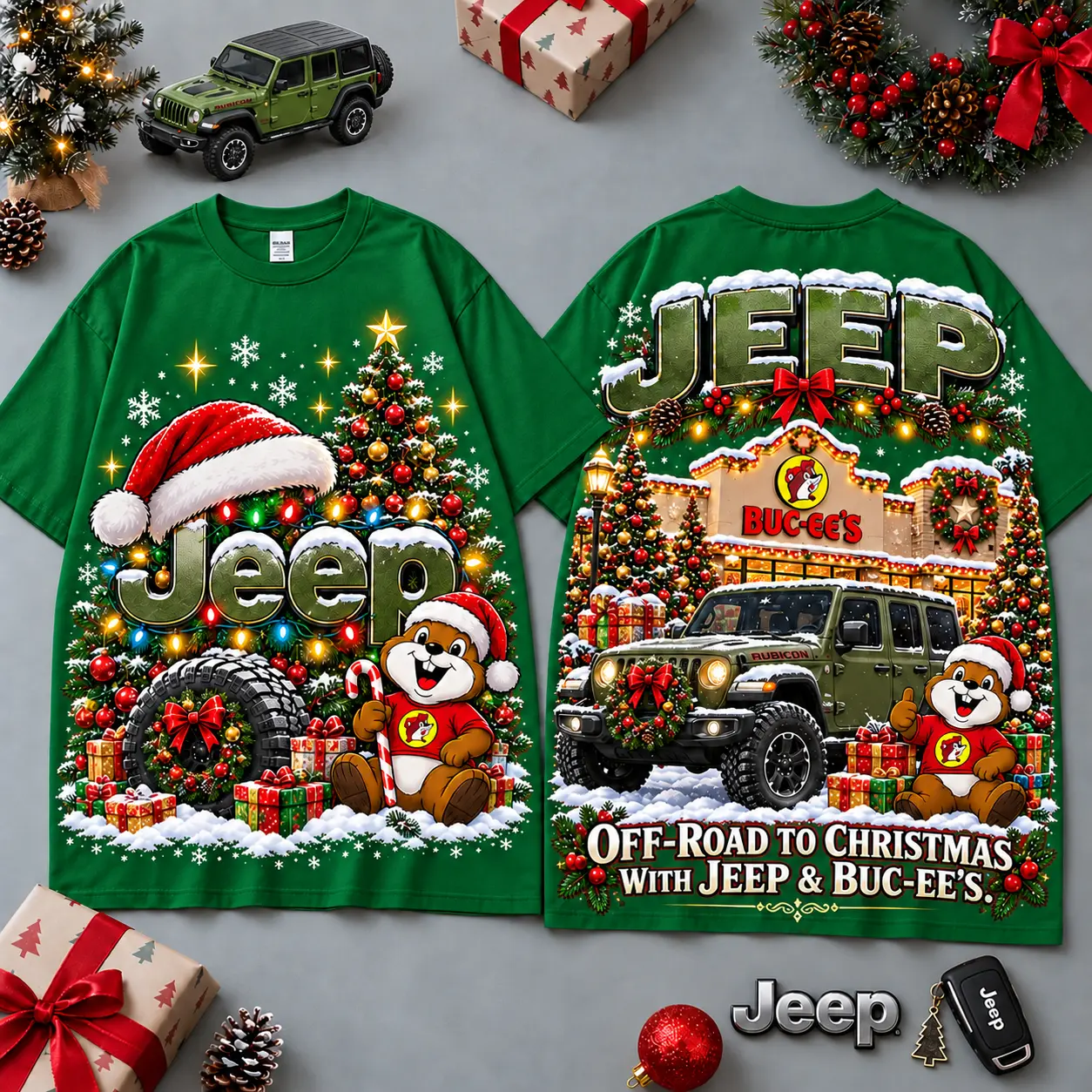 Buc-ee's Jeep Christmas Cabin Car Print T-Shirt For Festive Winter Road Trips NDN Green