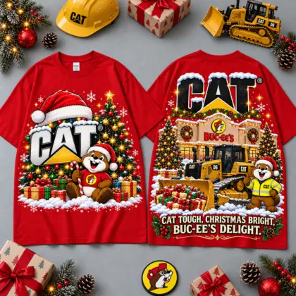Buc-ee's CAT Christmas Cabin Construction Print T-Shirt For Festive Winter Road Trips NDN Red