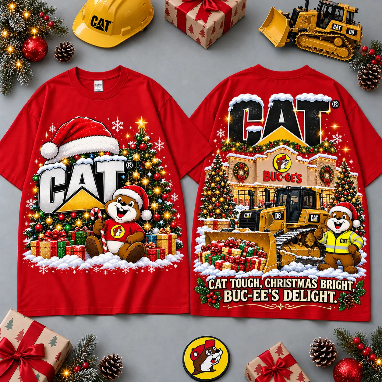 Buc-ee's CAT Christmas Cabin Construction Print T-Shirt For Festive Winter Road Trips NDN Red