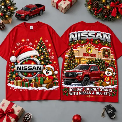 Buc-ee's Nissan Christmas Cabin Car Print T-Shirt For Festive Winter Road Trips NDN Red