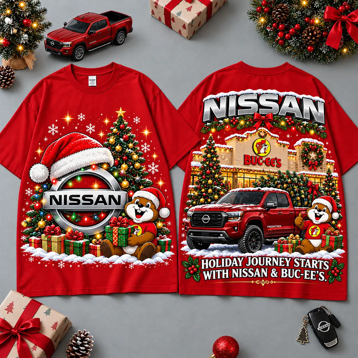 Buc-ee's Nissan Christmas Cabin Car Print T-Shirt For Festive Winter Road Trips NDN Red