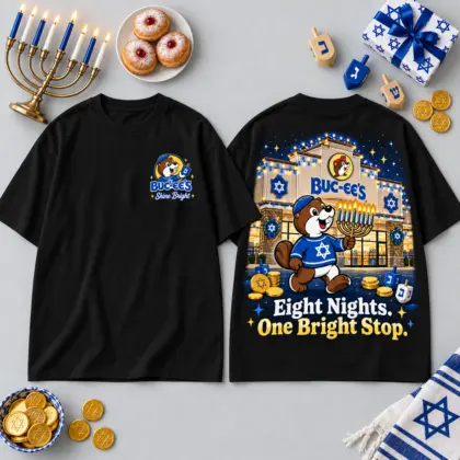 Buc-ee's Hanukkah Dreidel Menorah T-Shirt For Eight Nights At One Bright Holiday Stop NDN flat