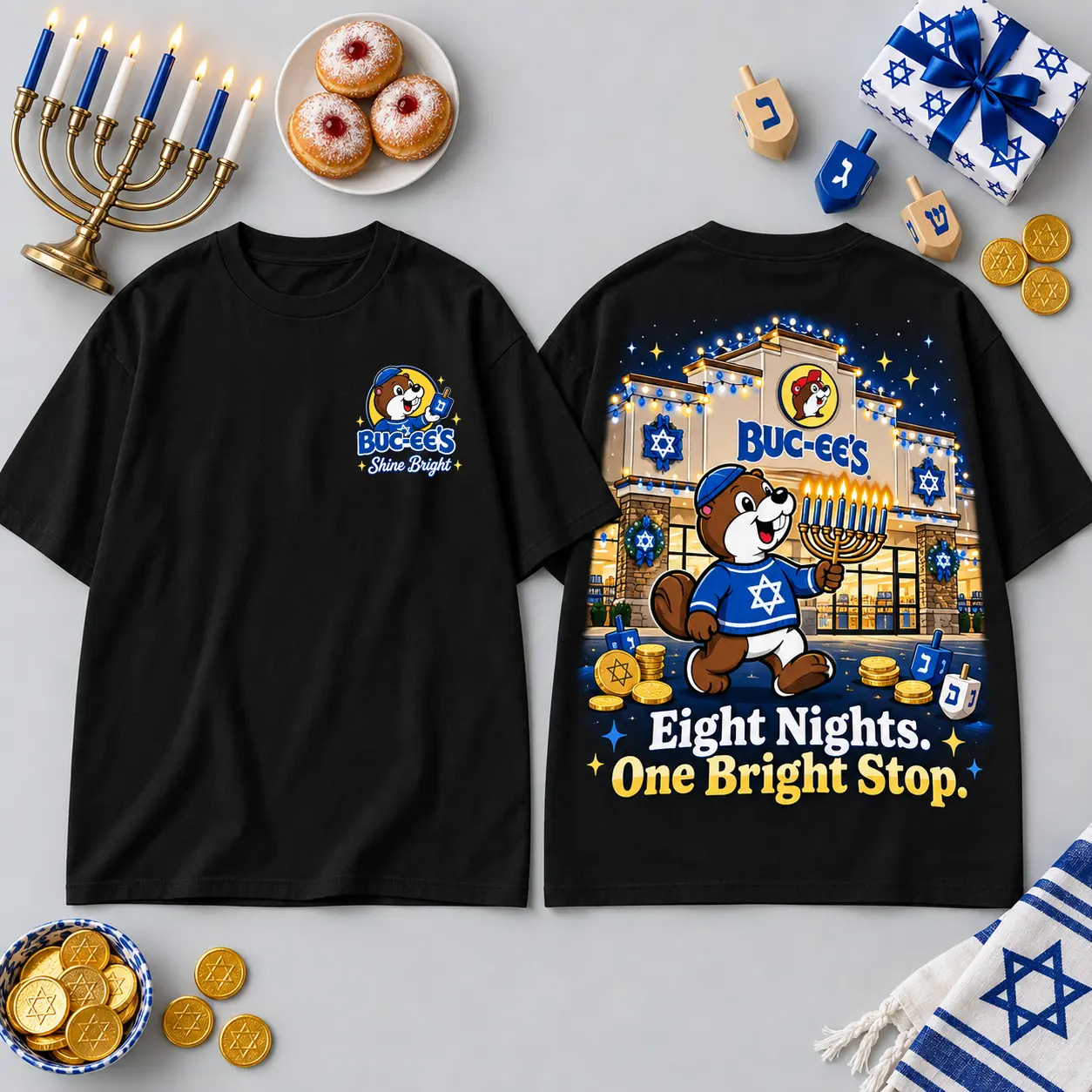 Buc-ee's Hanukkah Dreidel Menorah T-Shirt For Eight Nights At One Bright Holiday Stop NDN flat