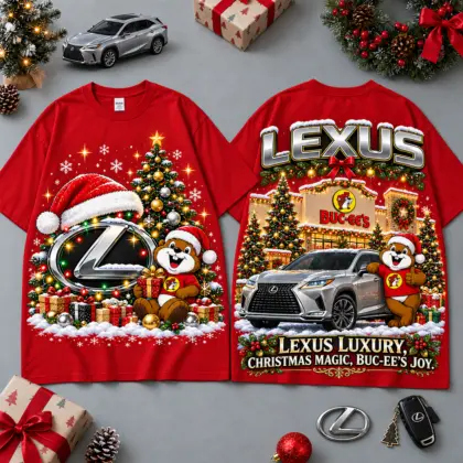 Buc-ee's Lexus Christmas Cabin Car Print T-Shirt For Festive Winter Road Trips NDN Red