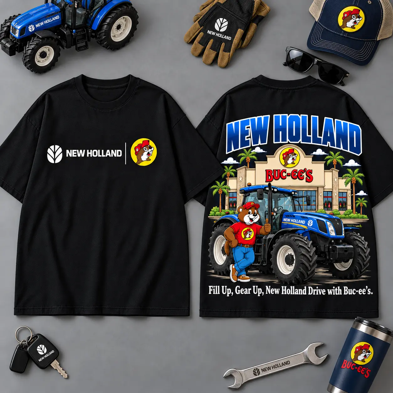 Buc-ee's NEW HOLLAND Construction Collage 3D T-Shirt For Heavy Equipment Road Trip Collectors NDN Black