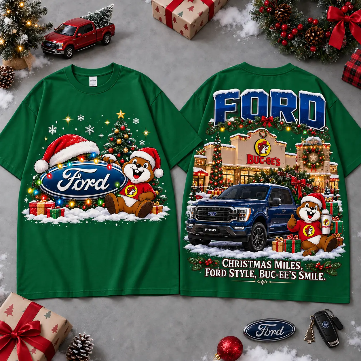Buc-ee's Ford Christmas Cabin Car Print T-Shirt For Festive Winter Road Trips NDN Green