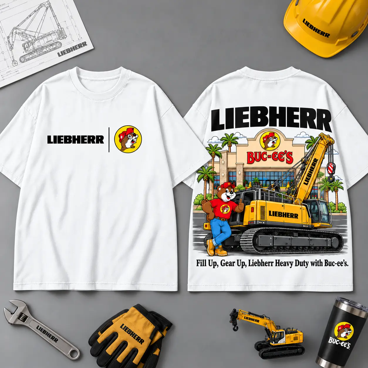 Buc-ee's LIEBHERR Construction Collage 3D T-Shirt For Heavy Equipment Road Trip Collectors NDN White