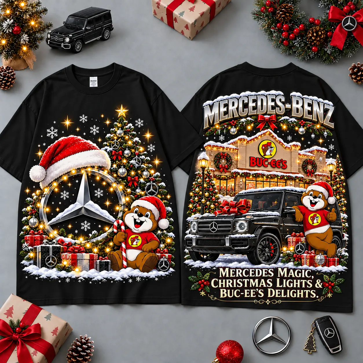 Buc-ee's Mercedes Benz Christmas Cabin Car Print T-Shirt For Festive Winter Road Trips NDN Black