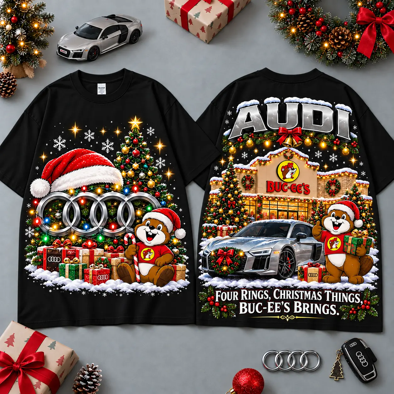 Buc-ee's Audi Christmas Cabin Car Print T-Shirt For Festive Winter Road Trips NDN Black