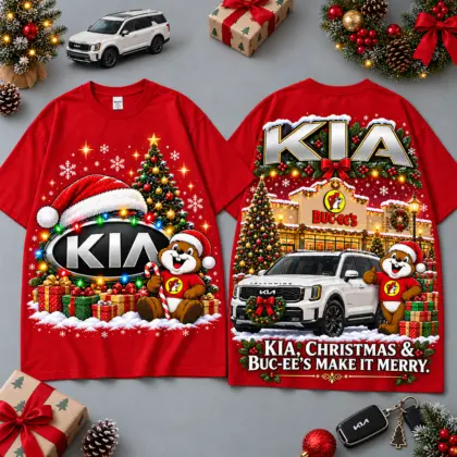 Buc-ee's Kia Christmas Cabin Car Print T-Shirt For Festive Winter Road Trips NDN Red
