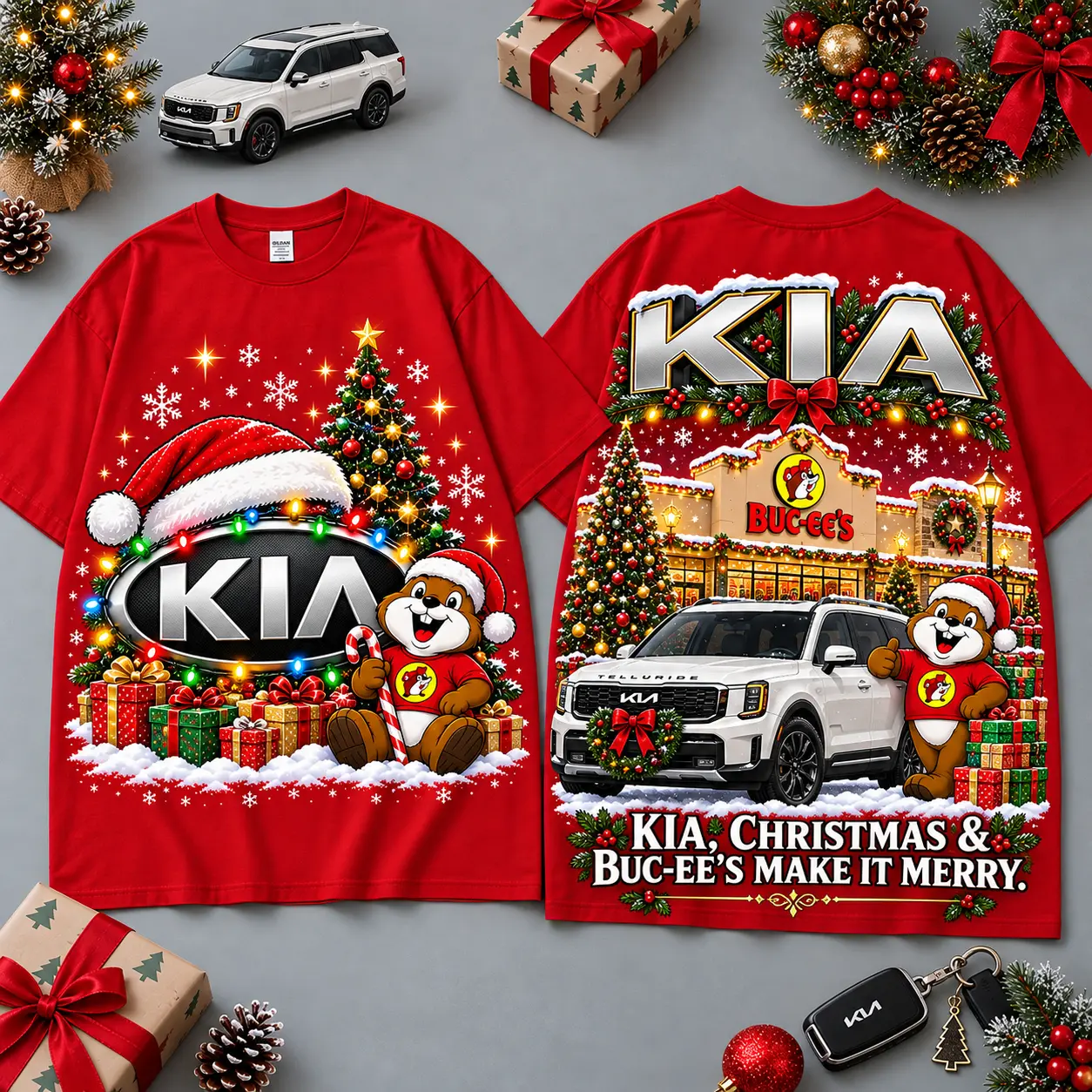 Buc-ee's Kia Christmas Cabin Car Print T-Shirt For Festive Winter Road Trips NDN Red