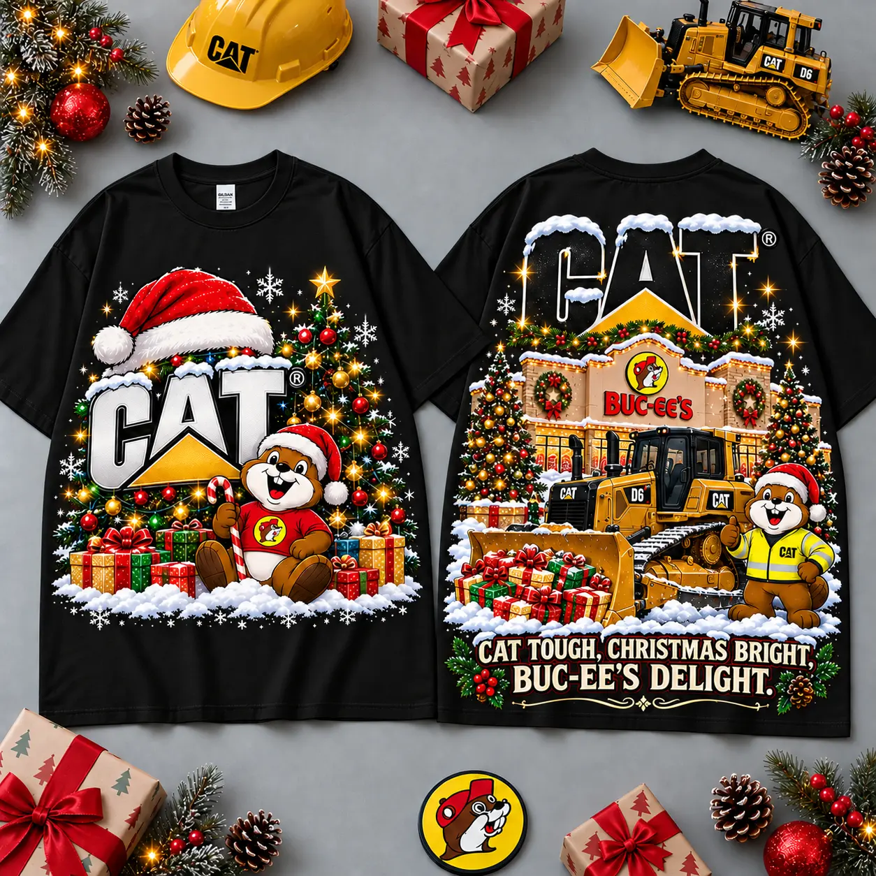 Buc-ee's CAT Christmas Cabin Construction Print T-Shirt For Festive Winter Road Trips NDN Black