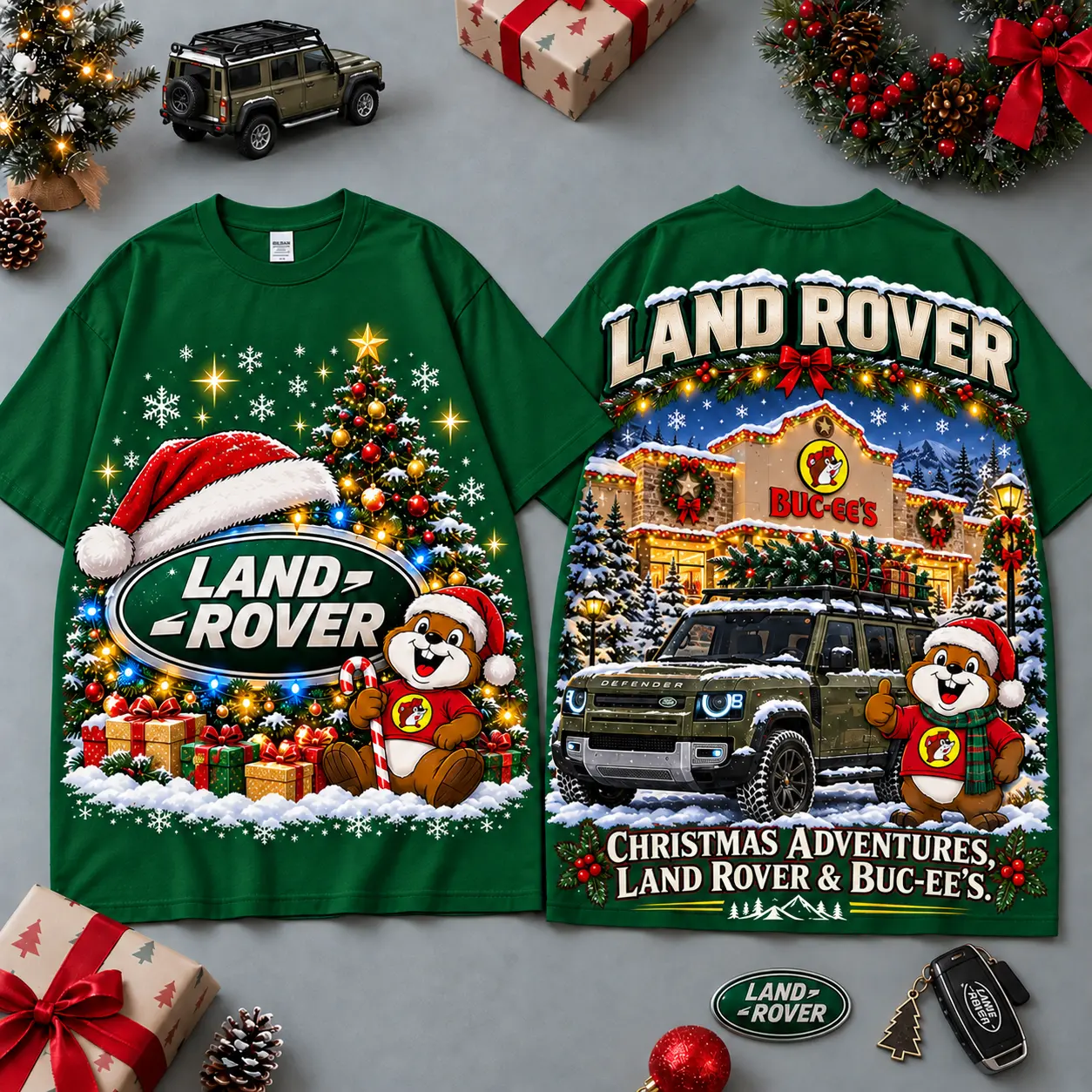 Buc-ee's Land Rover Christmas Cabin Car Print T-Shirt For Festive Winter Road Trips NDN Green