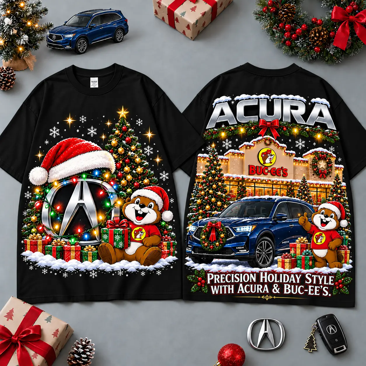 Buc-ee's Acura Christmas Cabin Car Print T-Shirt For Festive Winter Road Trips NDN Black