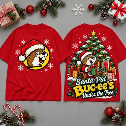 Buc-ee's Santa Put Buc-ee's Under The Tree Design All Over Print T-Shirt For Festive Holiday Road Trips NDN Red