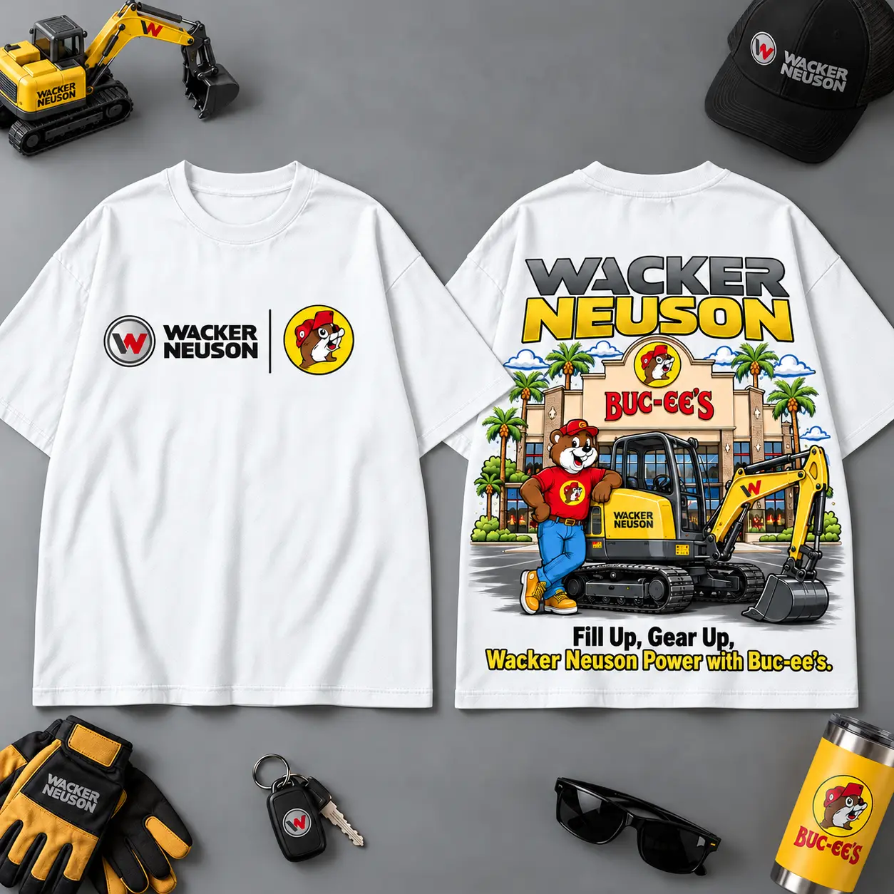 Buc-ee's WACKER NEUSON Construction Collage 3D T-Shirt For Heavy Equipment Road Trip Collectors NDN White