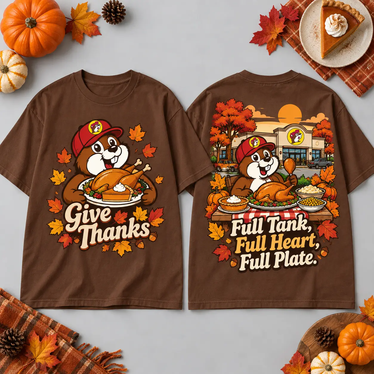 Buc-ee's Thanksgiving Full Tank Full Heart Full Plate T-Shirt For Grateful Autumn Gatherings NDN flat