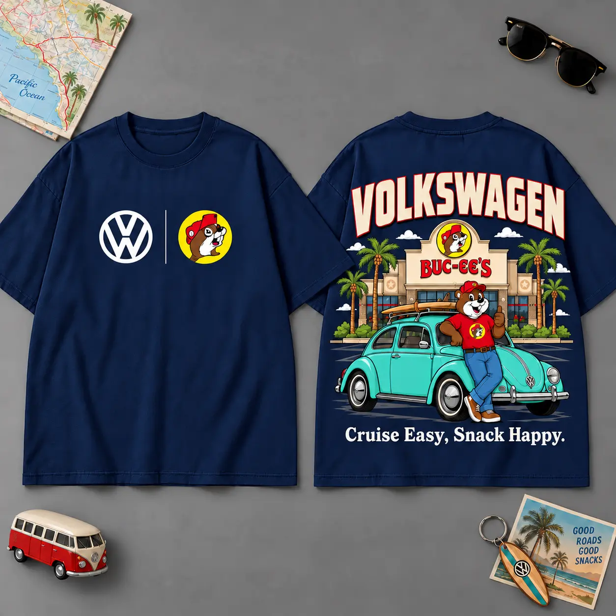 Buc-ee's Volkswagen Easy Cruise Road Trip 3D T-Shirt For Classic Car Fans NDN Navy