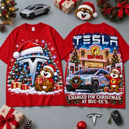 Buc-ee's Tesla Christmas Cabin Car Print T-Shirt For Festive Winter Road Trips NDN Red
