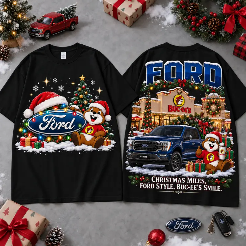 Buc-ee’s Ford Christmas Cabin Car Print T-Shirt For Festive Winter Road ...