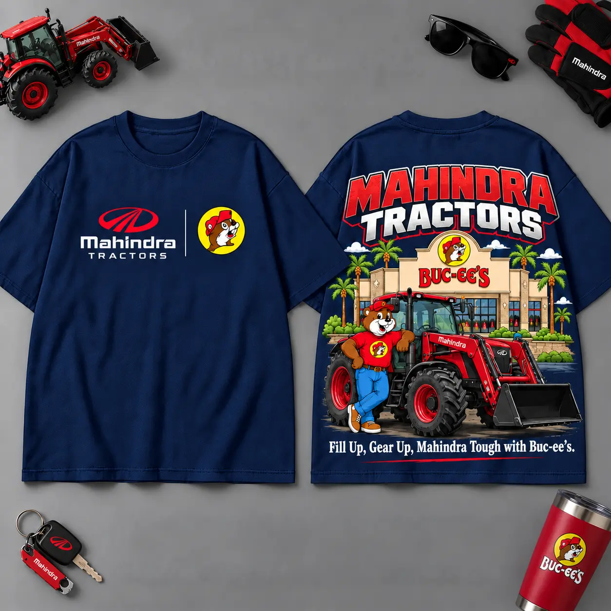 Buc-ee's MAHINDRA TRACTORS Construction Collage 3D T-Shirt For Heavy Equipment Road Trip Collectors NDN Navy