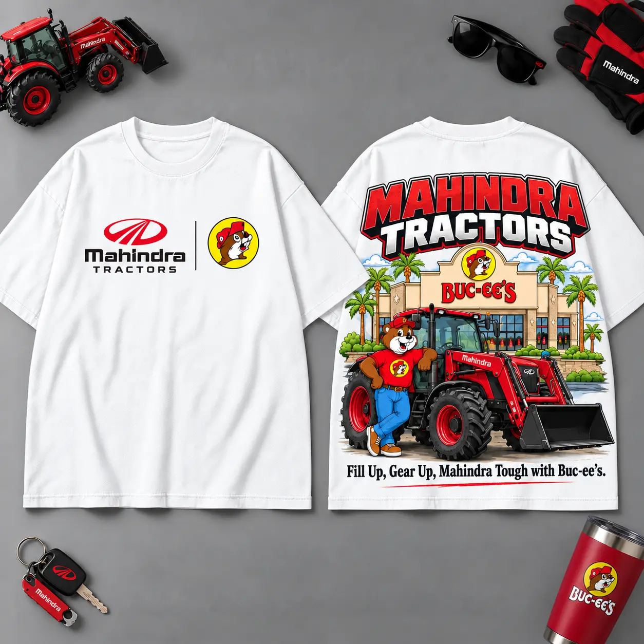 Buc-ee's MAHINDRA TRACTORS Construction Collage 3D T-Shirt For Heavy Equipment Road Trip Collectors NDN White