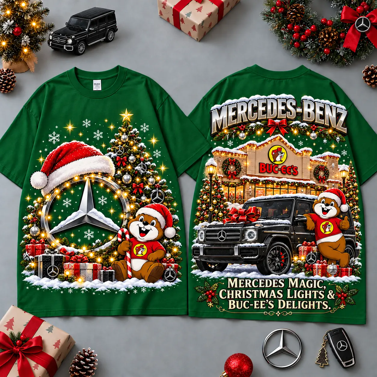 Buc-ee's Mercedes Benz Christmas Cabin Car Print T-Shirt For Festive Winter Road Trips NDN Green