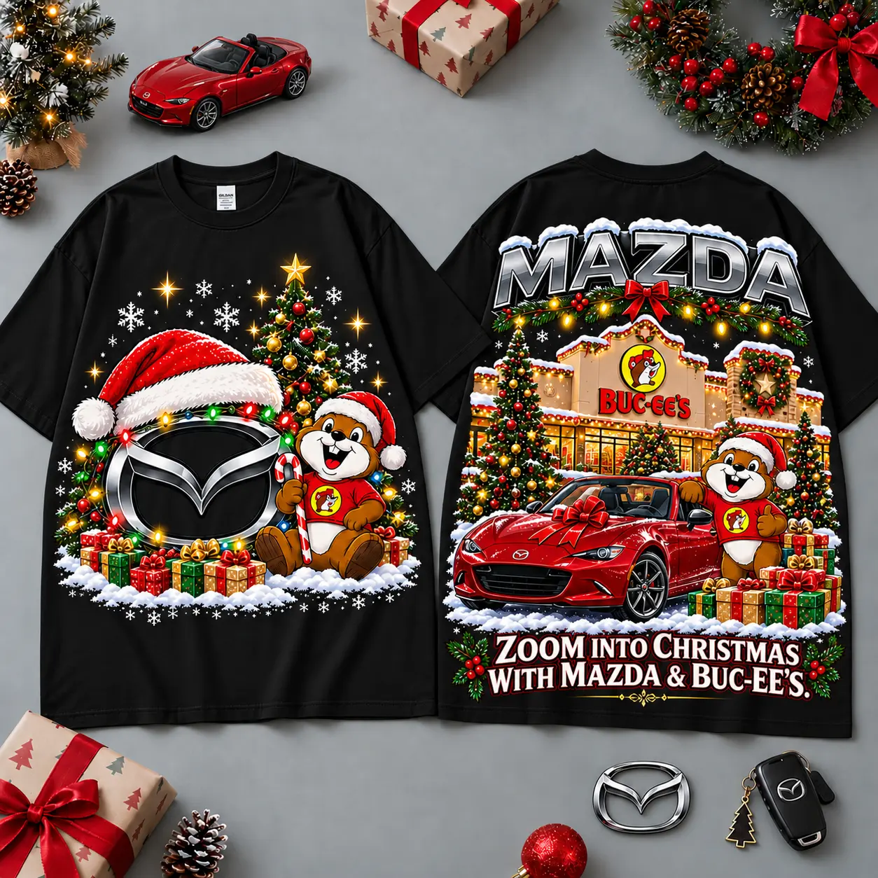 Buc-ee's Mazda Christmas Cabin Car Print T-Shirt For Festive Winter Road Trips NDN Black