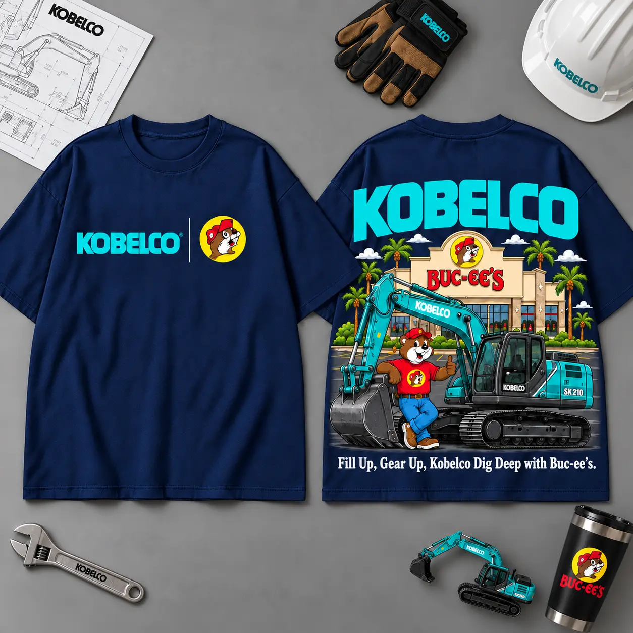 Buc-ee's KOBELCO Construction Collage 3D T-Shirt For Heavy Equipment Road Trip Collectors NDN Navy