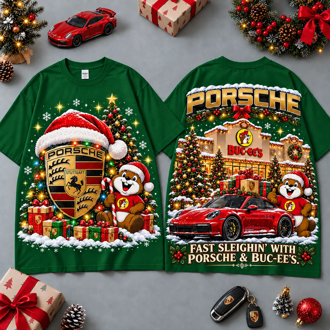 Buc-ee's Porsche Christmas Cabin Car Print T-Shirt For Festive Winter Road Trips NDN Green