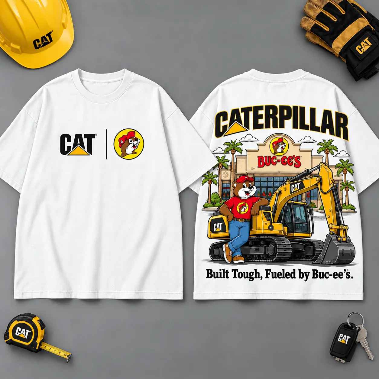 Buc-ee's Caterpillar Built Tough Road Trip 3D T-Shirt For Heavy Equipment Fans NDN White