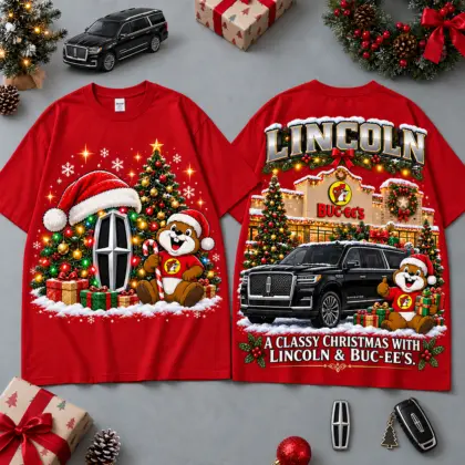 Buc-ee's Lincoln Christmas Cabin Car Print T-Shirt For Festive Winter Road Trips NDN Red