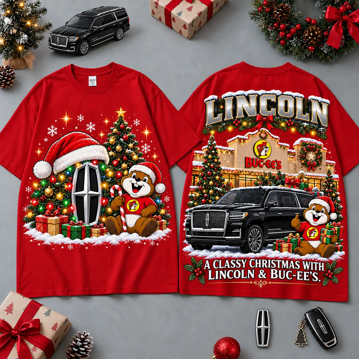 Buc-ee's Lincoln Christmas Cabin Car Print T-Shirt For Festive Winter Road Trips NDN Red