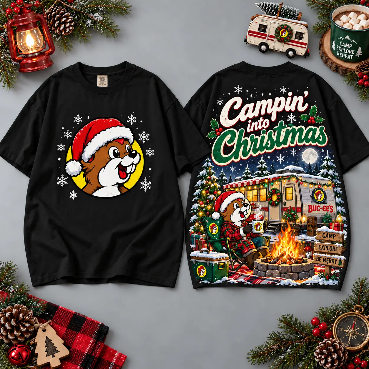 Buc-ee's Campin Christmas Campfire Scene All Over Print T-Shirt For Festive Holiday Road Trips NDN Black
